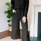 Solid Textured Collared V Neck Top and Wide Leg Pants Set