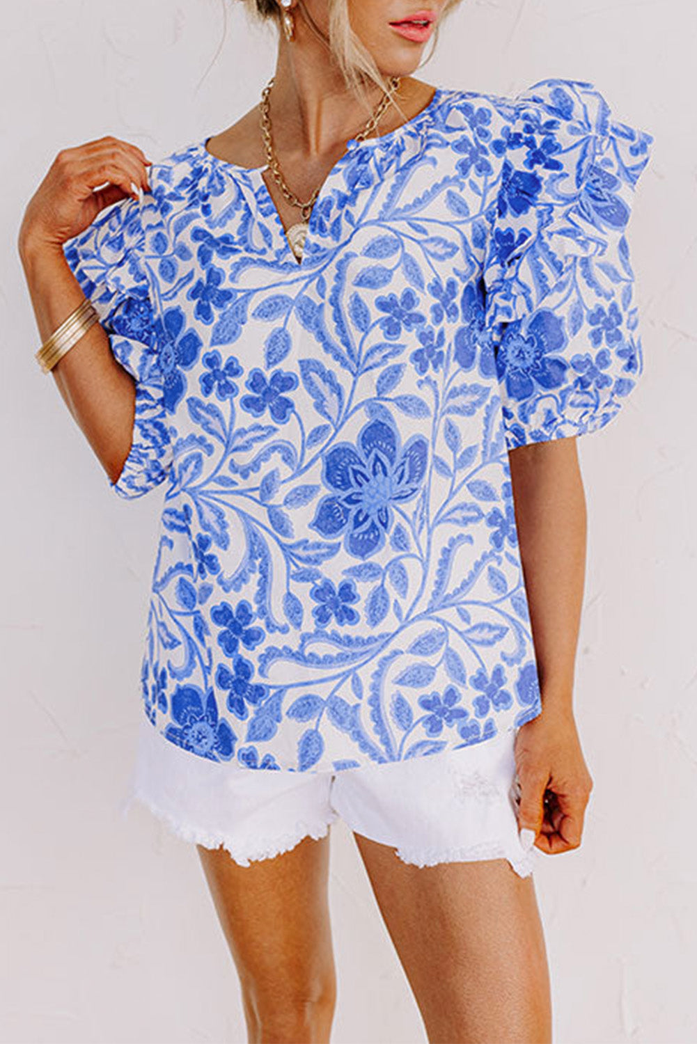 Floral Print Ruffled Bubble Sleeve Blouse