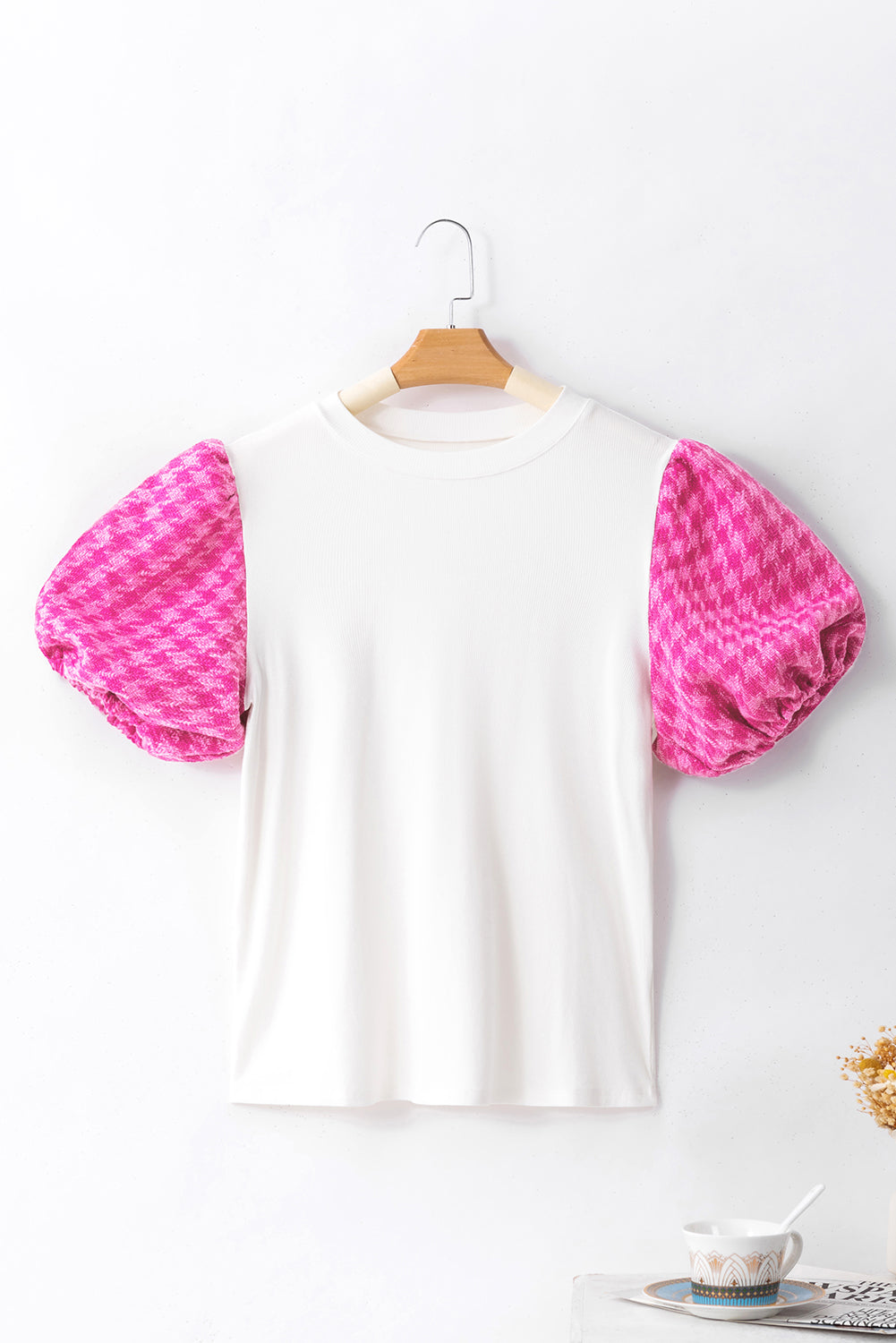 Contrast Tweed Puff Sleeve Top