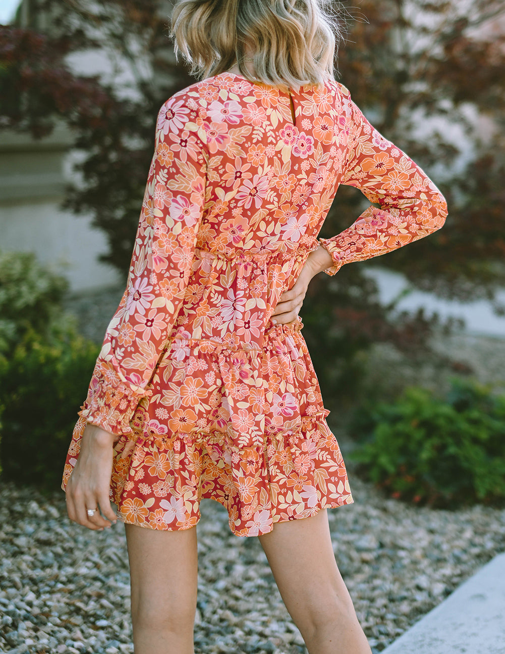 Floral Long Sleeve Frill Tiered Mini Dress