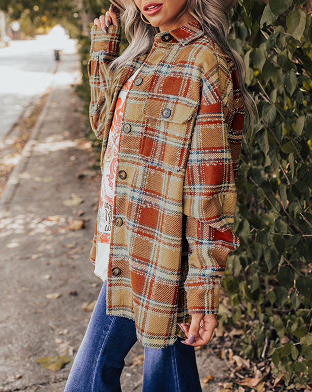 Oversized Flap Pockets Plaid Shacket with Slits