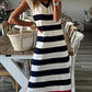 Stripe V Neck Cap Sleeve Midi Dress