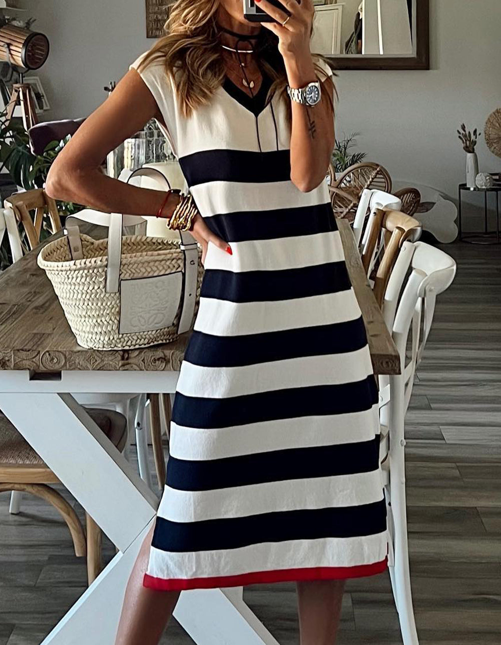 Stripe V Neck Cap Sleeve Midi Dress