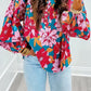 Floral Printed Balloon Sleeve Half Buttons Blouse