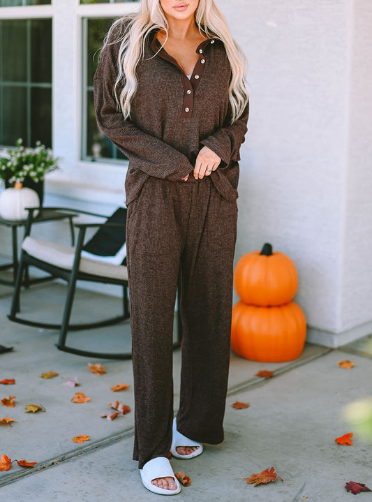 Ribbed Knit Collared Henley Top and Pants Lounge Outfit