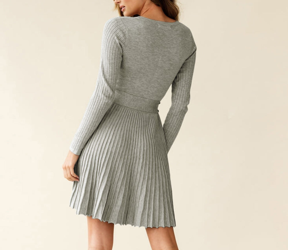 Belted V Neck Ribbed Pleated Sweater Dress