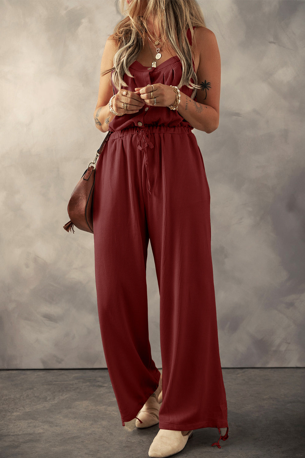 Knotted Straps Button Textured Drawstring Jumpsuit