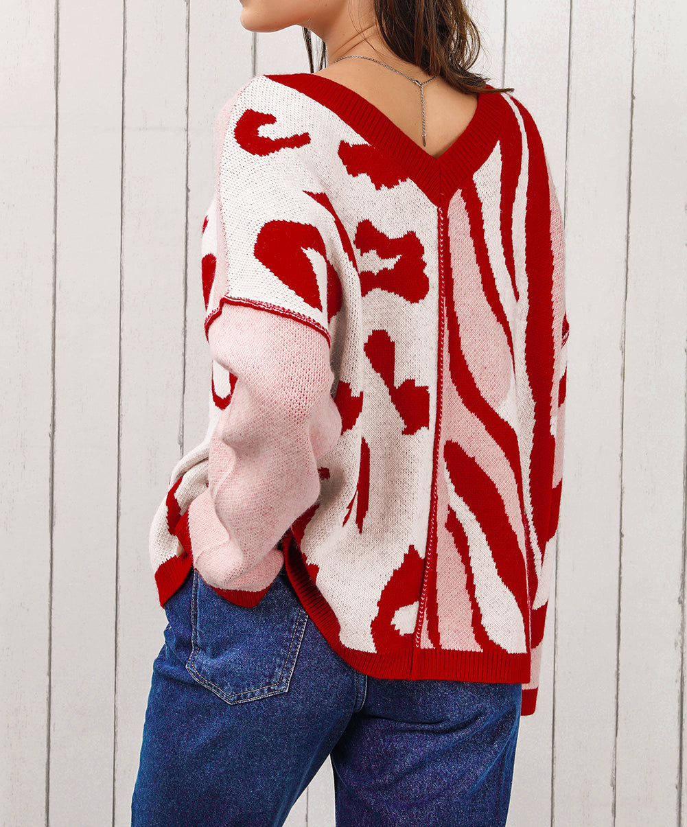 Mix Pattern Knit Ribbed Trim Oversize Sweater