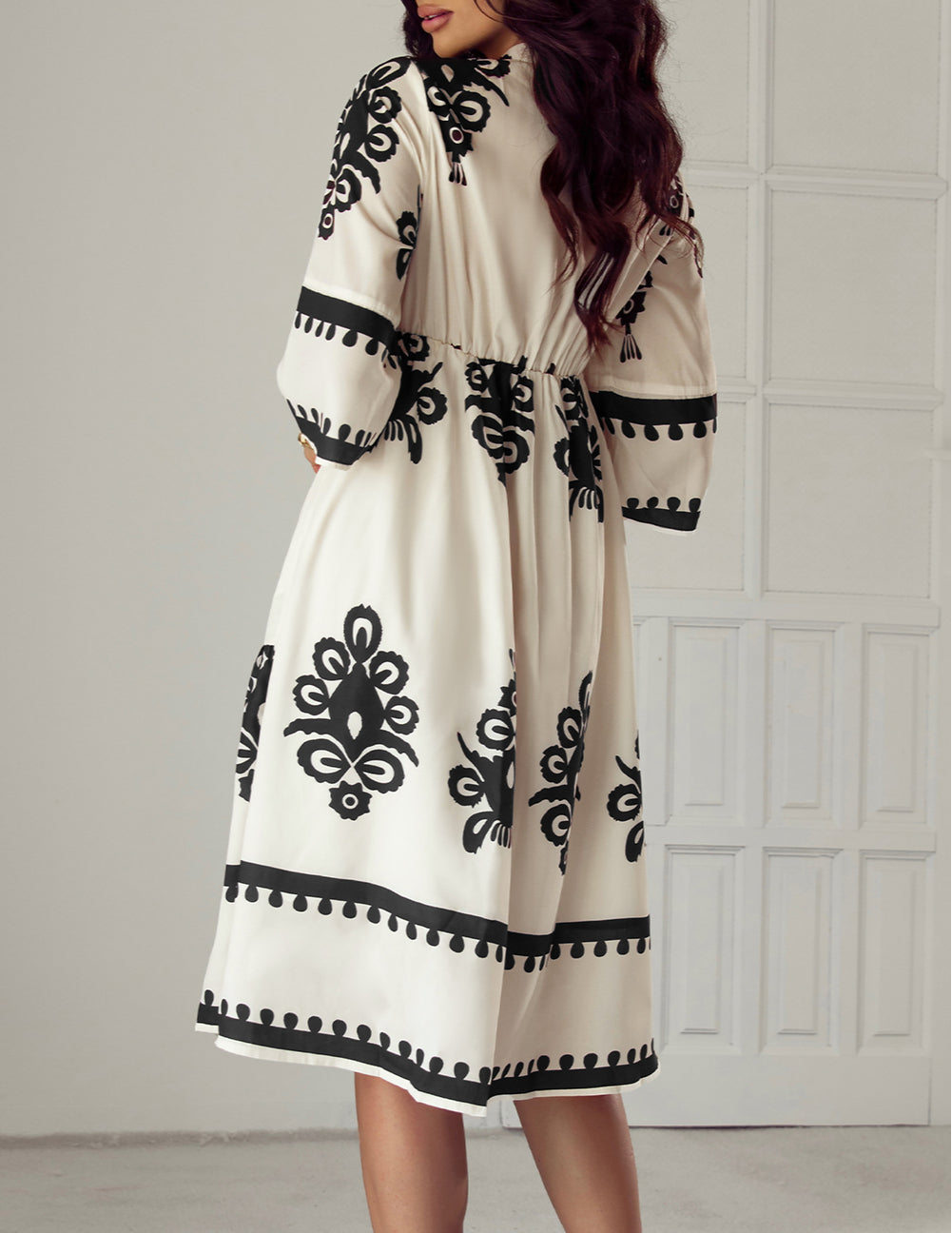 Western Geometric Print 3/4 Sleeve Loose Midi Dress