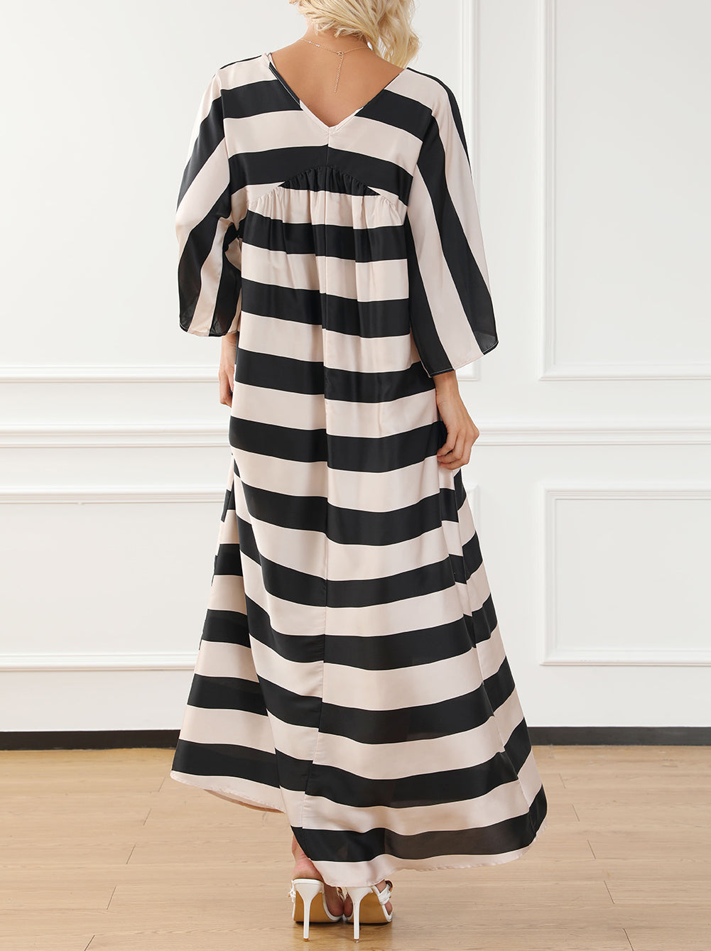 V Neck Kimono Sleeve Striped Maxi Dress