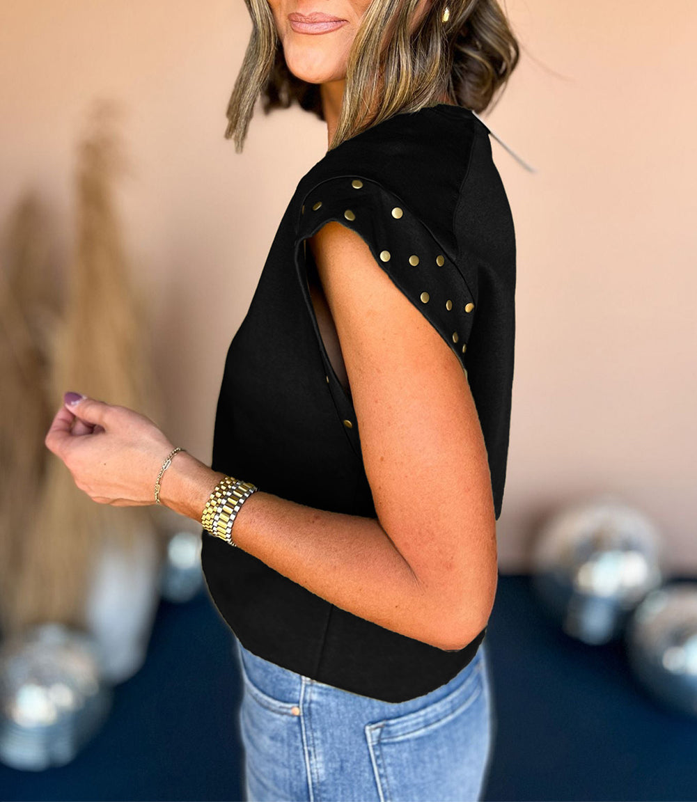 Sequined American Flag Graphic Studded Cap Sleeve T Shirt