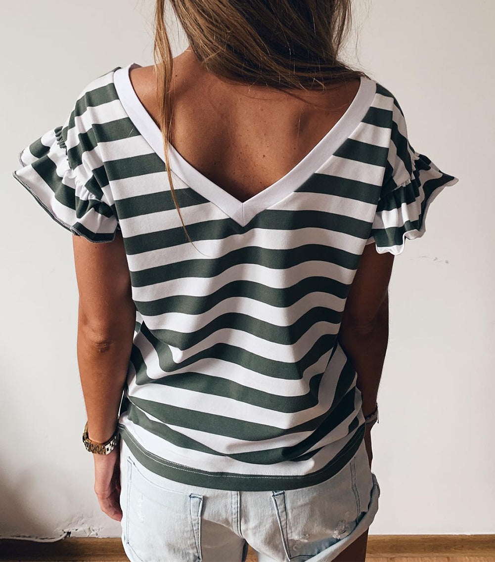 Striped V Neck Ruffle Sleeve Top