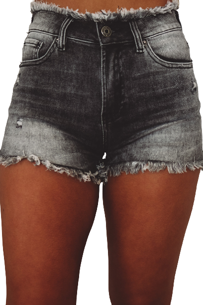 Gray Acid Wash Raw Edge Skinny Denim Shorts