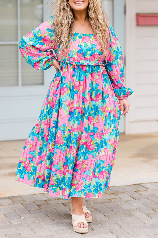 Floral Allover Print Shirred Square Neck Plus Size Maxi Dress