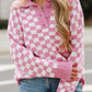 Checkered Buttons Collar V Neck Drop Shoulder Sweater