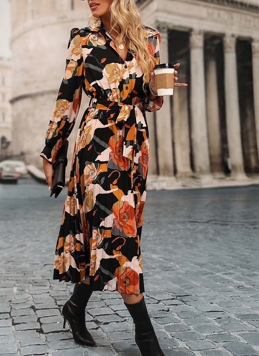 Floral Print Waist Tie Pleated Midi Shirt Dress