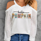 Hello PUMPKIN Graphic Cold Shoulder Striped Mesh Sleeve Top