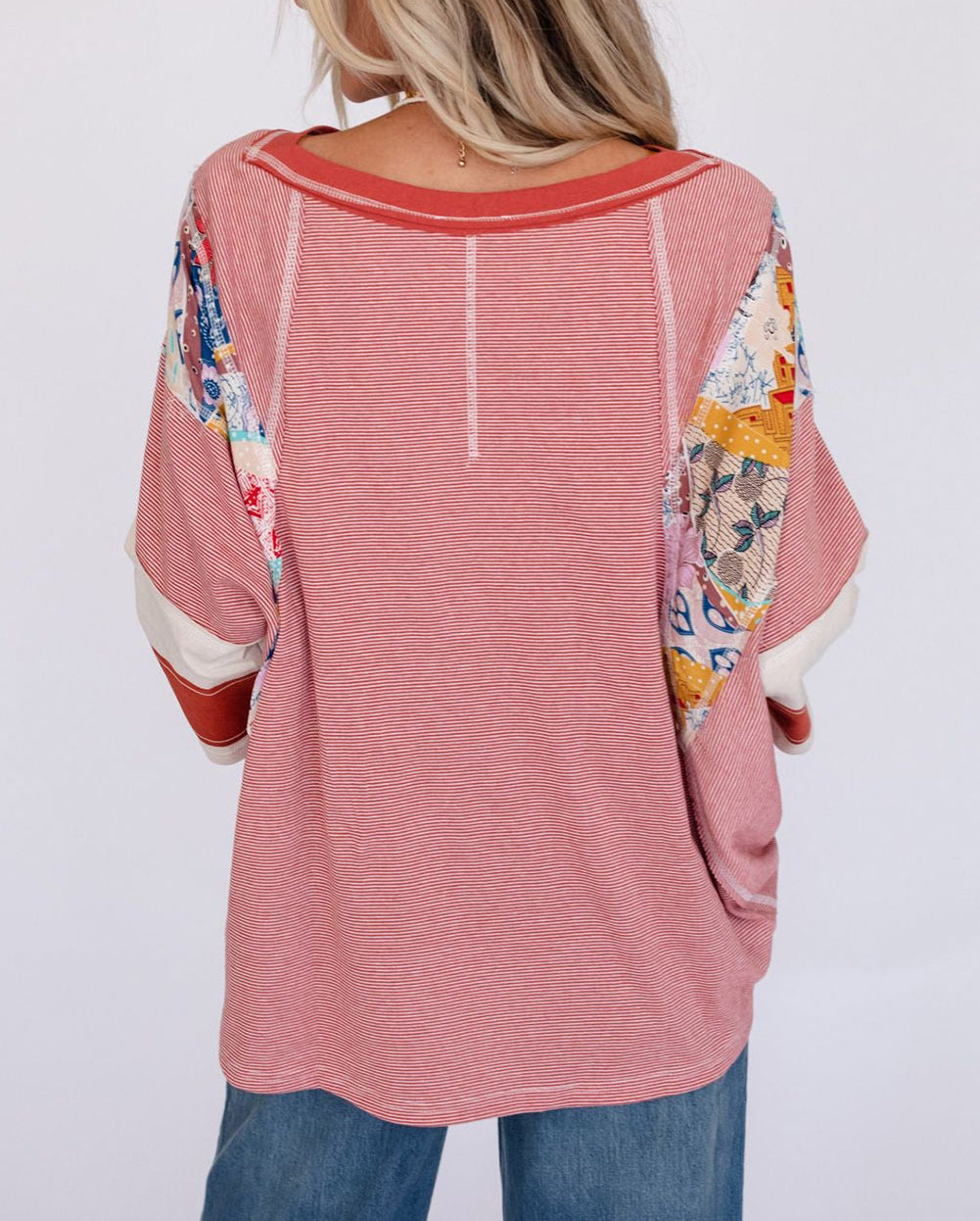 Pinstriped Color Block Patchwork Oversized Top