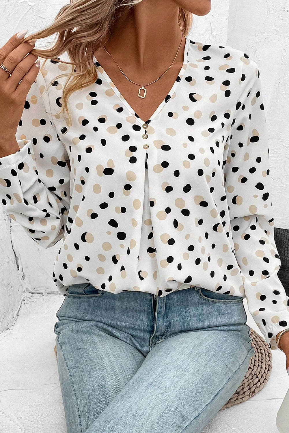 Polka Dot Print Button Front V Neck Blouse