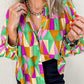 Geometric Print Buttoned Balloon Sleeve Loose Fit Shirt