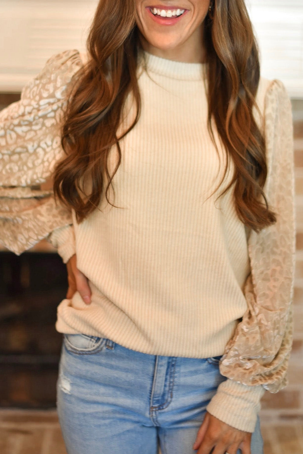 Leopard Print Long Sleeve Ribbed Knit Blouse
