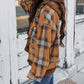 Plaid Patch Hooded Frayed Snap Button Jacket