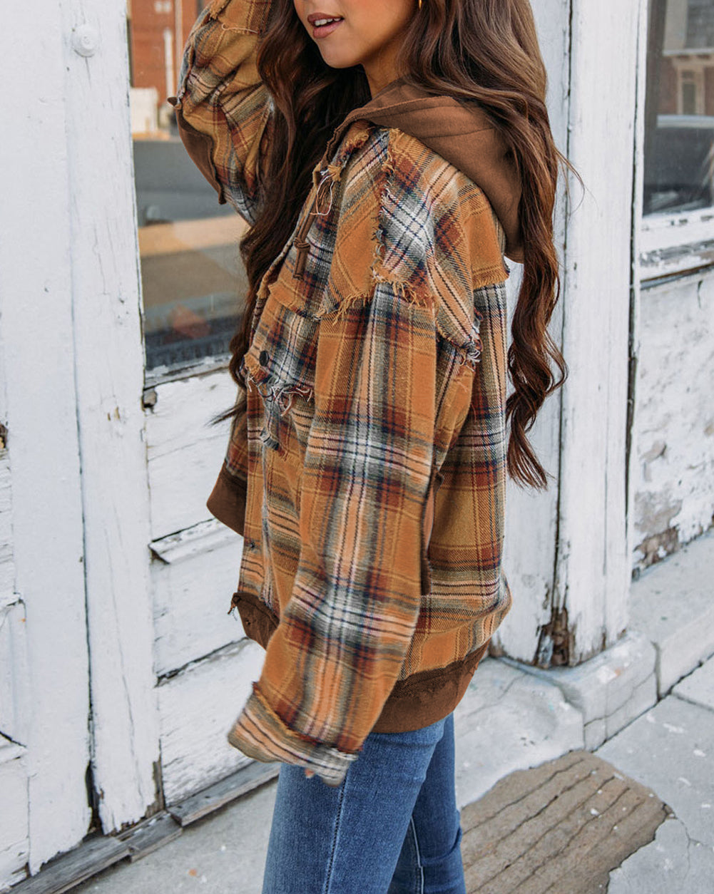Plaid Patch Hooded Frayed Snap Button Jacket