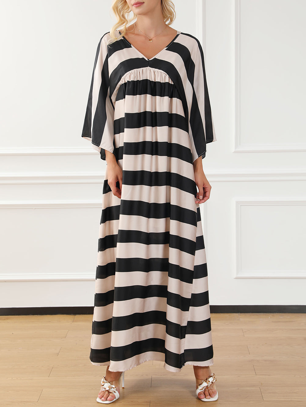 V Neck Kimono Sleeve Striped Maxi Dress