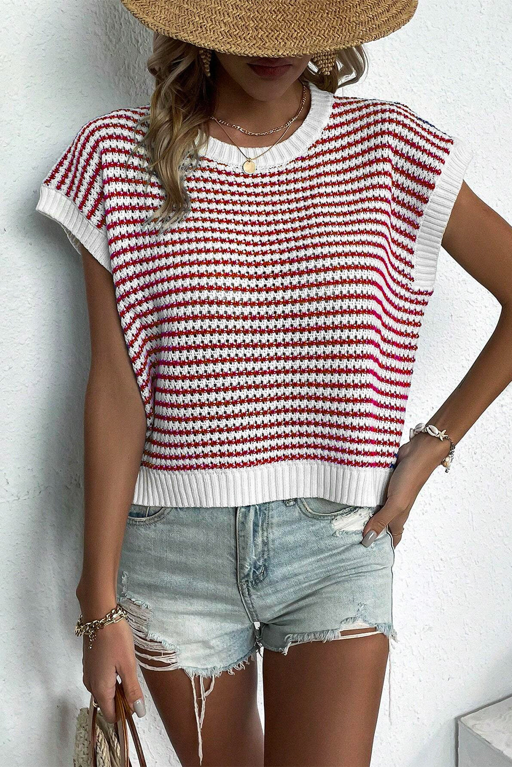 Stripe Ribbed Trim Loose Fit Knitted Sweater Vest