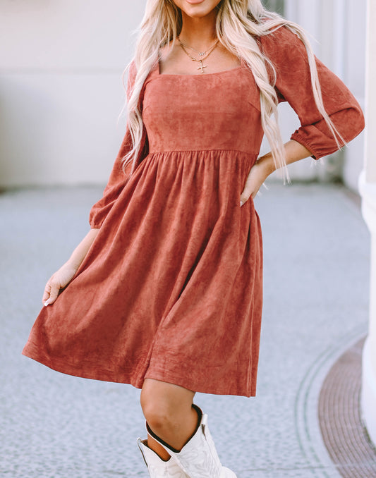Suede Square Neck Puff Sleeve Dress