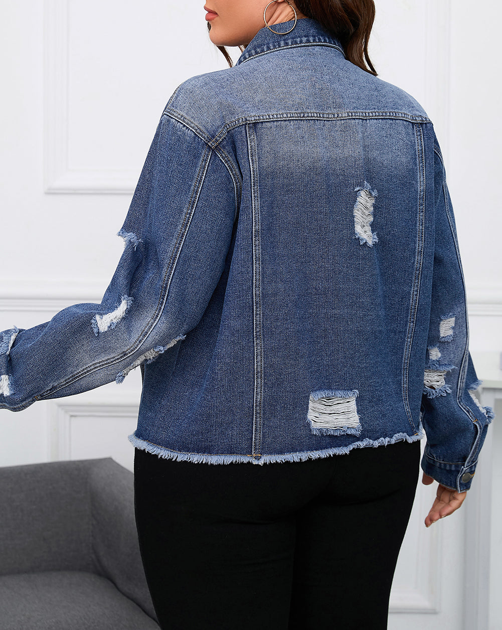 Plus Size Distressed Flap Pocket Denim Jacket
