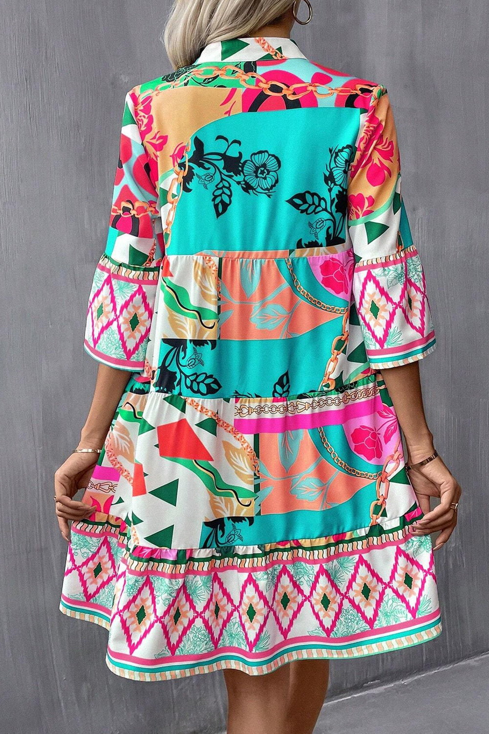 Abstract Printed Half Sleeve Notched Neck Mini Dress