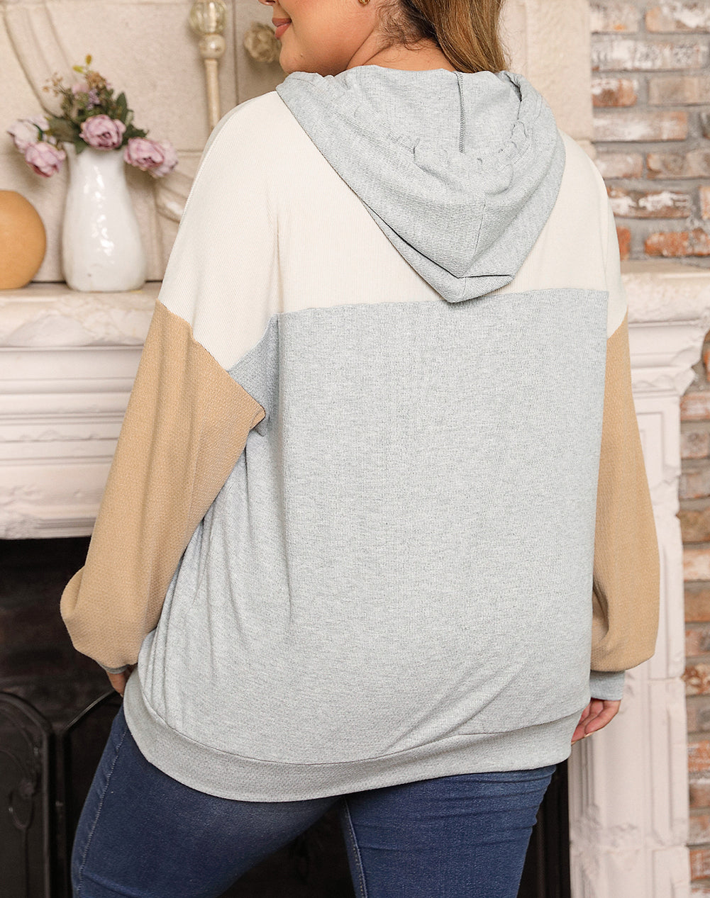 Plus Size Colorblock Drop Shoulder Ribbed Knit Hoodie