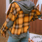 Plaid Patch Hooded Frayed Snap Button Jacket