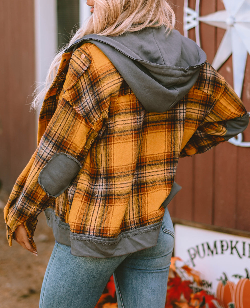 Plaid Patch Hooded Frayed Snap Button Jacket