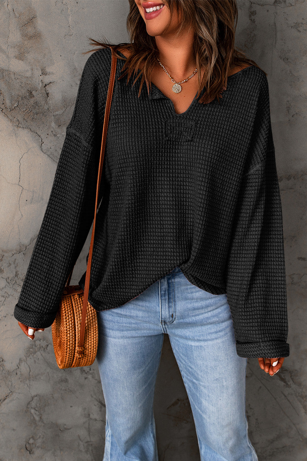 Waffle Knit Loose Long Sleeve Top