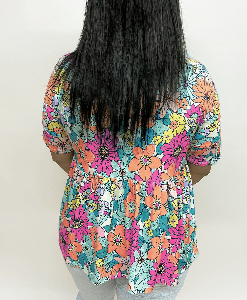Plus Size Floral Print Short Sleeve Flowy Top