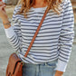 Striped Print Ribbed Trim Long Sleeve Top