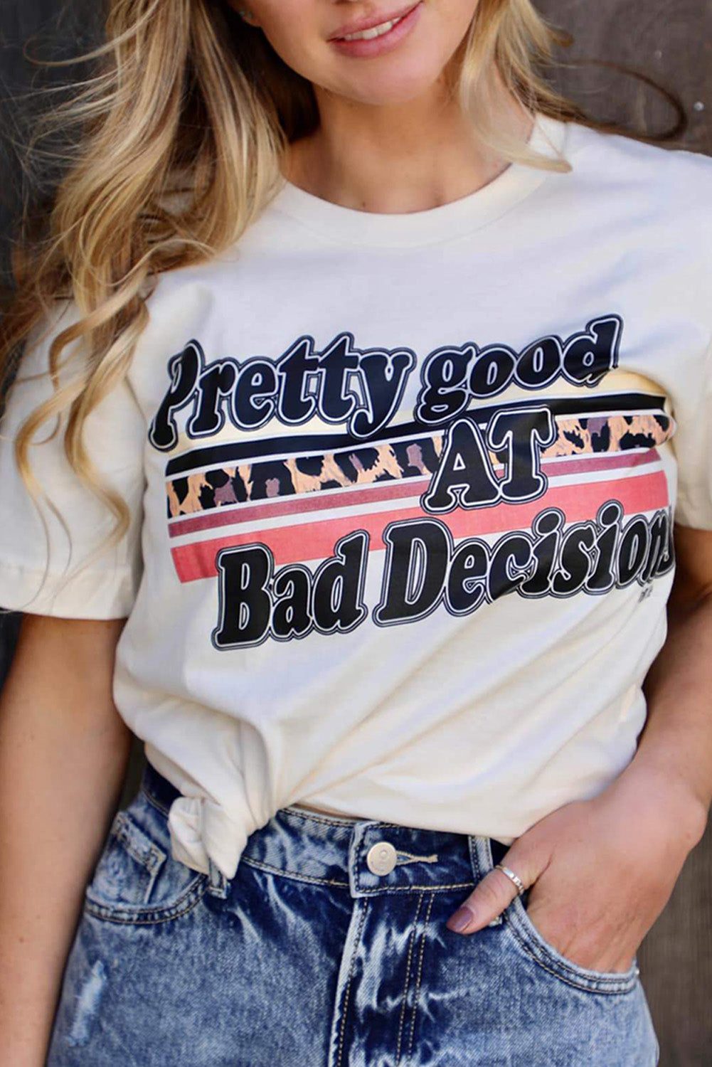 Leopard Letter Print Crew Neck Short Sleeve T-shirt