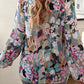Printed Floral Bubble Sleeve Frill Mock Neck Blouse