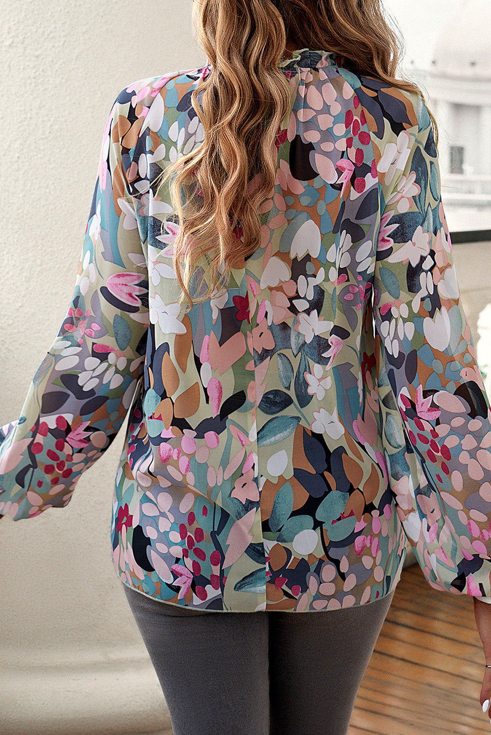 Printed Floral Bubble Sleeve Frill Mock Neck Blouse