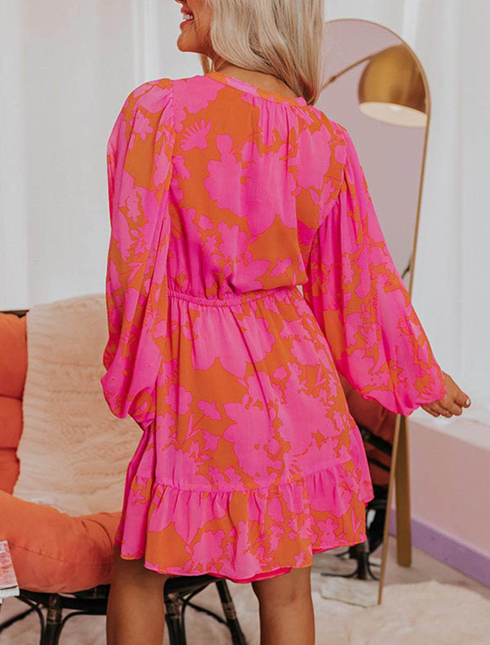 Abstract Printed Puff Sleeve Ruffle Flowy Dress