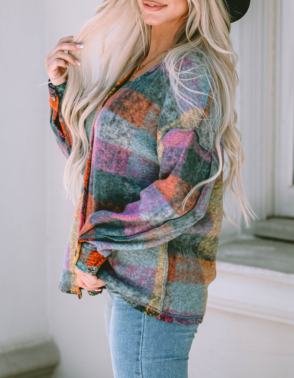 Brushed Checked Western Buttoned Jacket