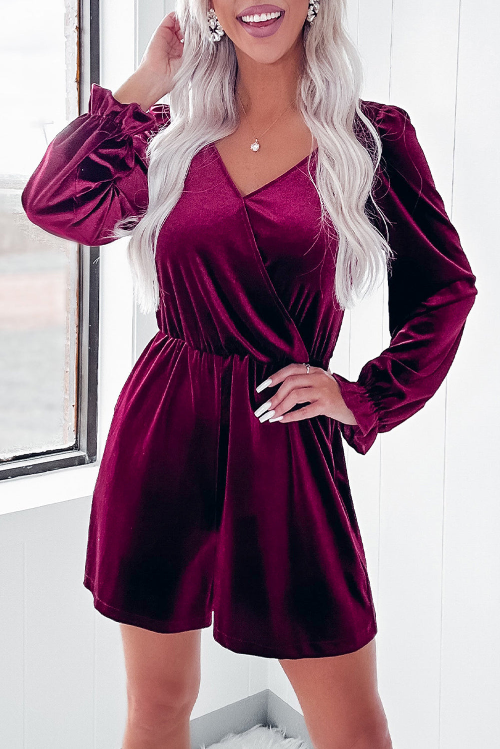 Dahlia Velvet Surplice Neck Ruffled Sleeve High Waist Romper