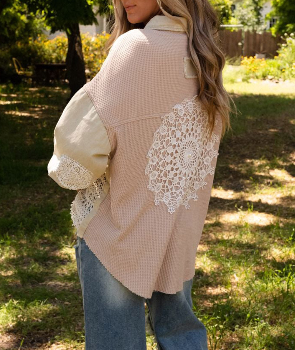Lace Crochet Waffle Knit Patchwork Distressed Shacket