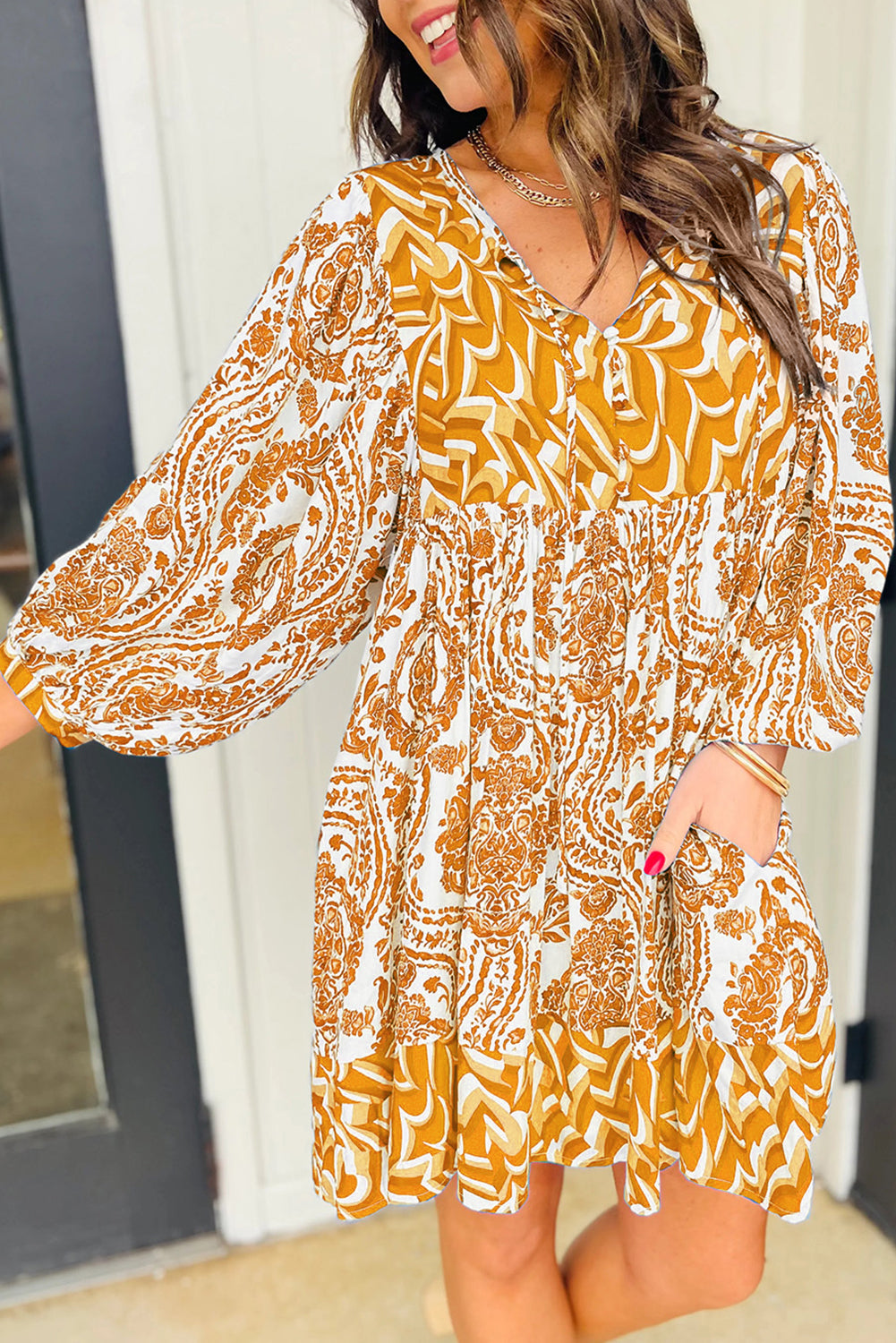Print Puff Sleeve Tied V Neck Flared Mini Dress