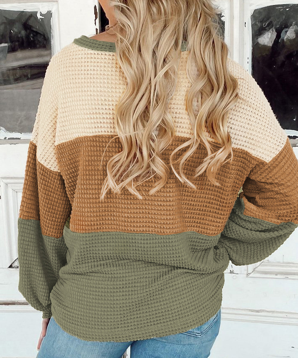 Stripe Textured Color Block Bubble Sleeve Baggy Top