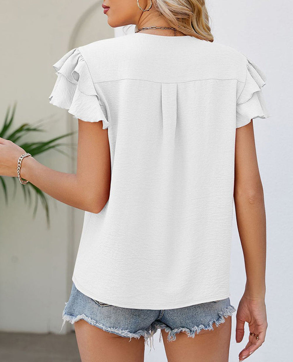 V Neck Ruffle Short Sleeve Blouse