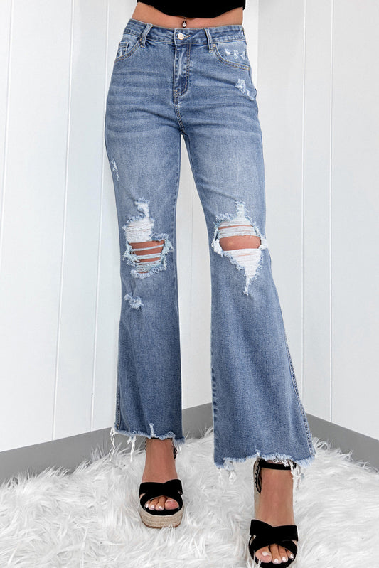 High Rise Ripped Distressed Hem Flared Jeans