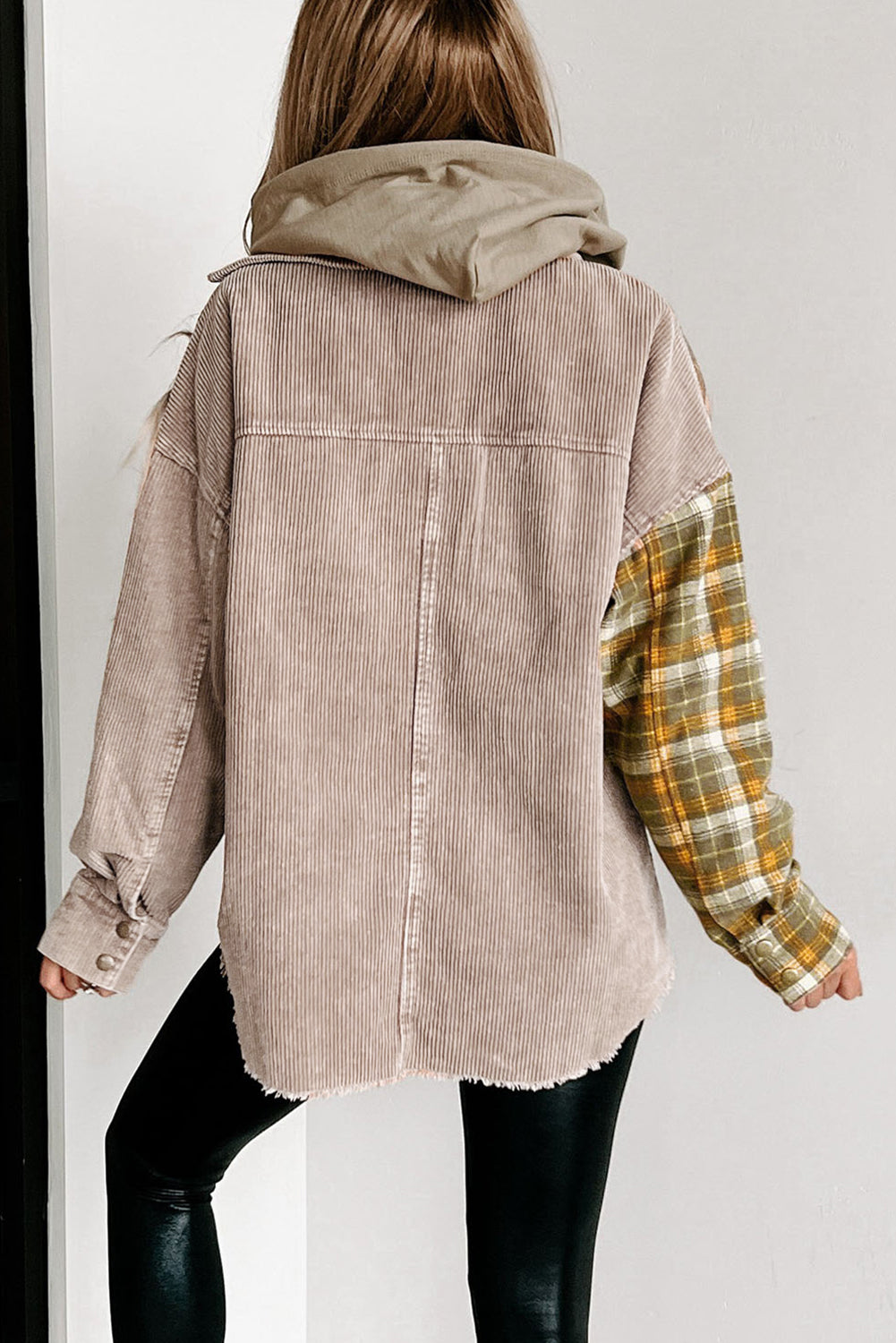 Plaid Corduroy Patchwork Snap Button Shacket